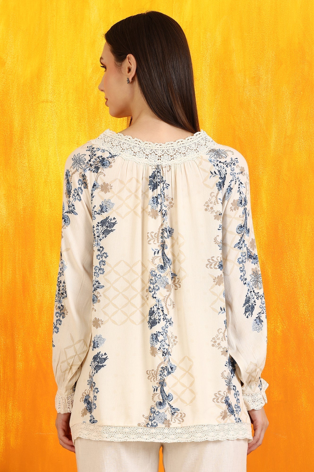 W for Woman Off-White Floral Printed Rayon Crepe Top with Lace | Grocsy