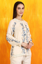 W for Woman Off-White Floral Printed Rayon Crepe Top with Lace | Grocsy