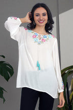 W for Woman White Embroidered Rayon Crepe Straight Top | Grocsy