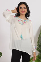 W for Woman White Embroidered Rayon Crepe Straight Top | Grocsy