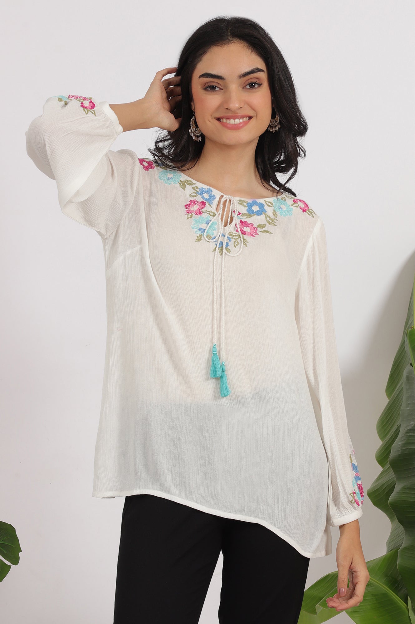 W for Woman White Embroidered Rayon Crepe Straight Top | Grocsy