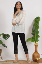 W for Woman White Embroidered Rayon Crepe Straight Top | Grocsy