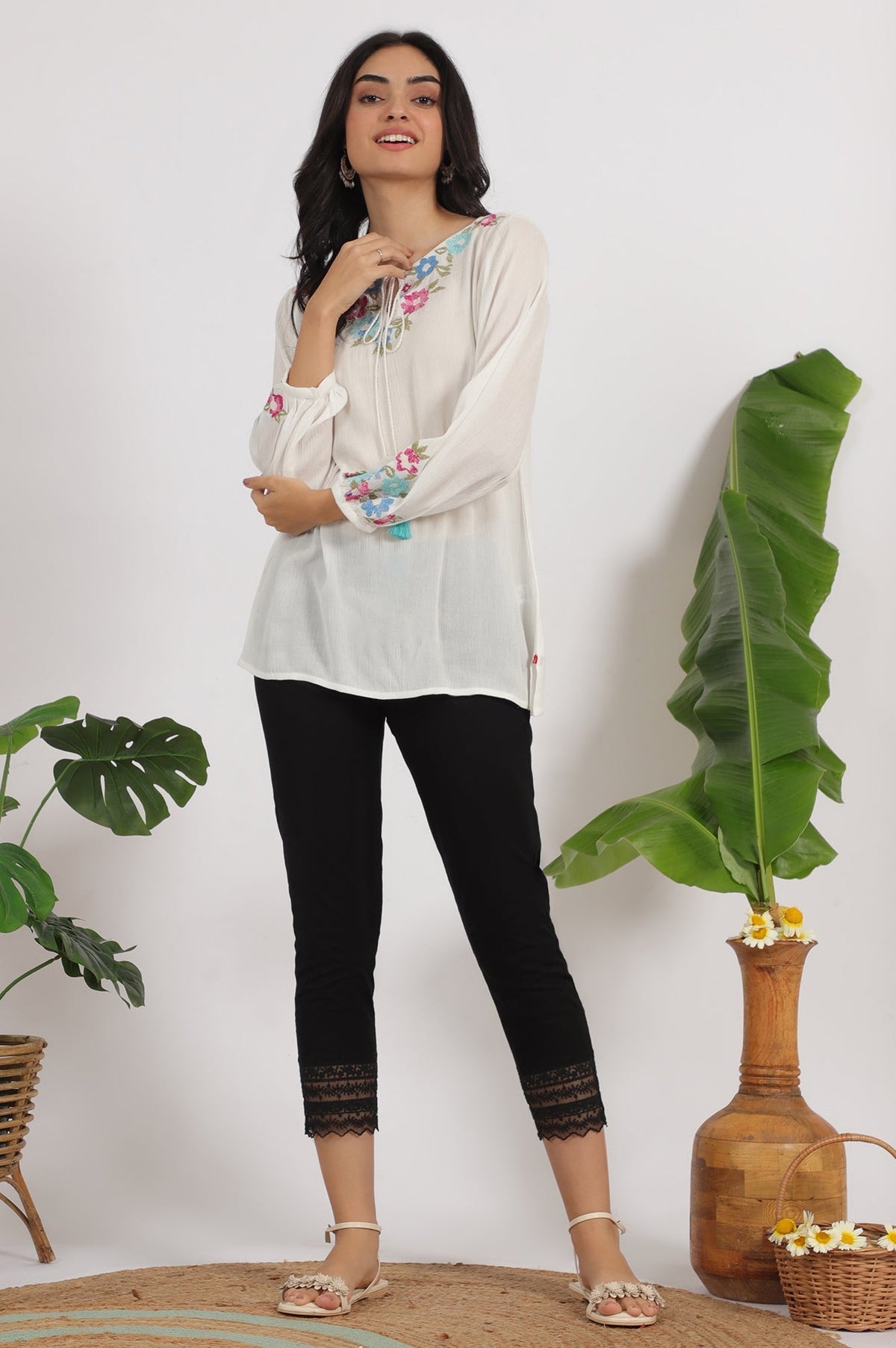 W for Woman White Embroidered Rayon Crepe Straight Top | Grocsy