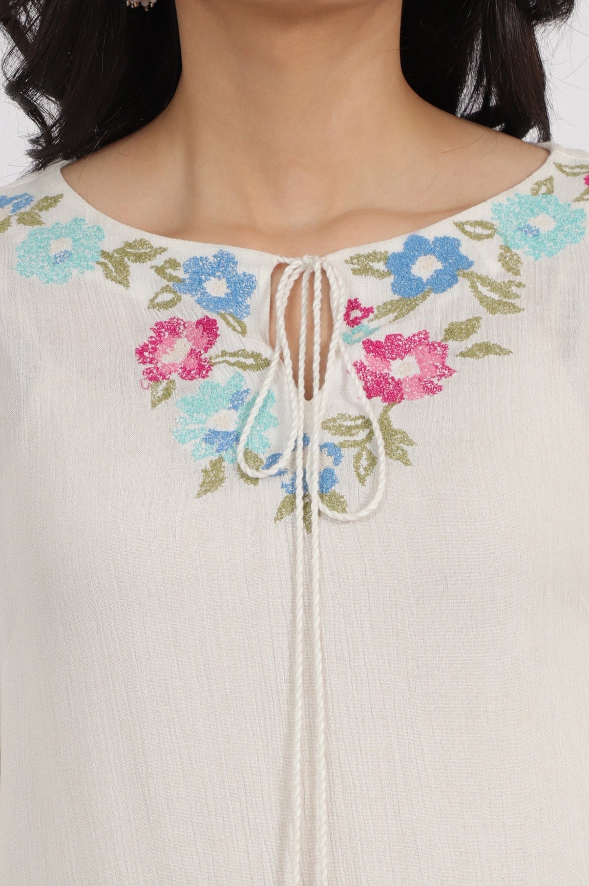 W for Woman White Embroidered Rayon Crepe Straight Top | Grocsy