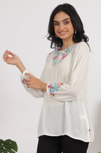 W for Woman White Embroidered Rayon Crepe Straight Top | Grocsy