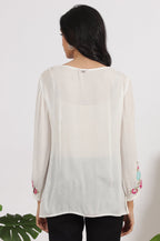 W for Woman White Embroidered Rayon Crepe Straight Top | Grocsy