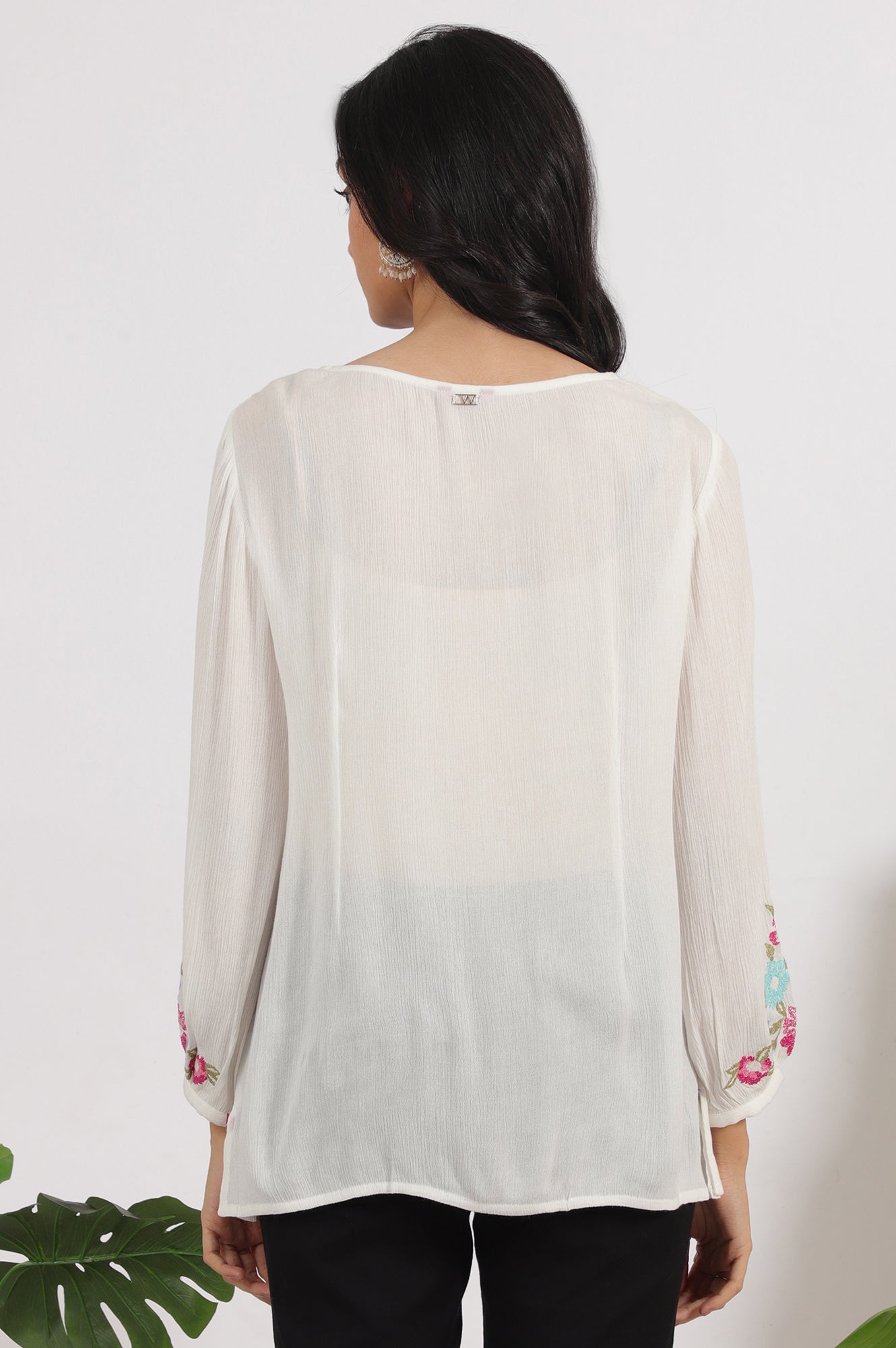 W for Woman White Embroidered Rayon Crepe Straight Top | Grocsy