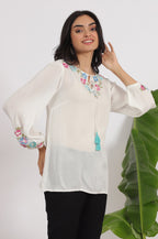W for Woman White Embroidered Rayon Crepe Straight Top | Grocsy
