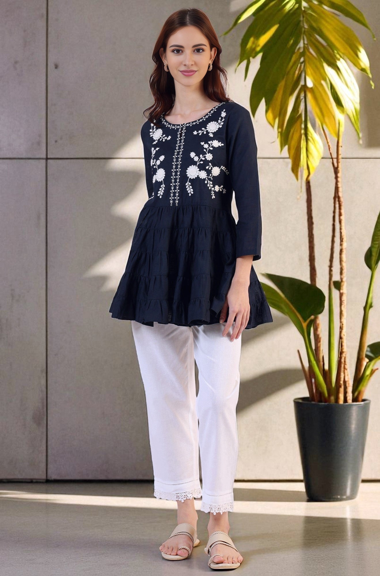 W for Woman Embroidered Flared Pure Cotton Top | Grocsy
