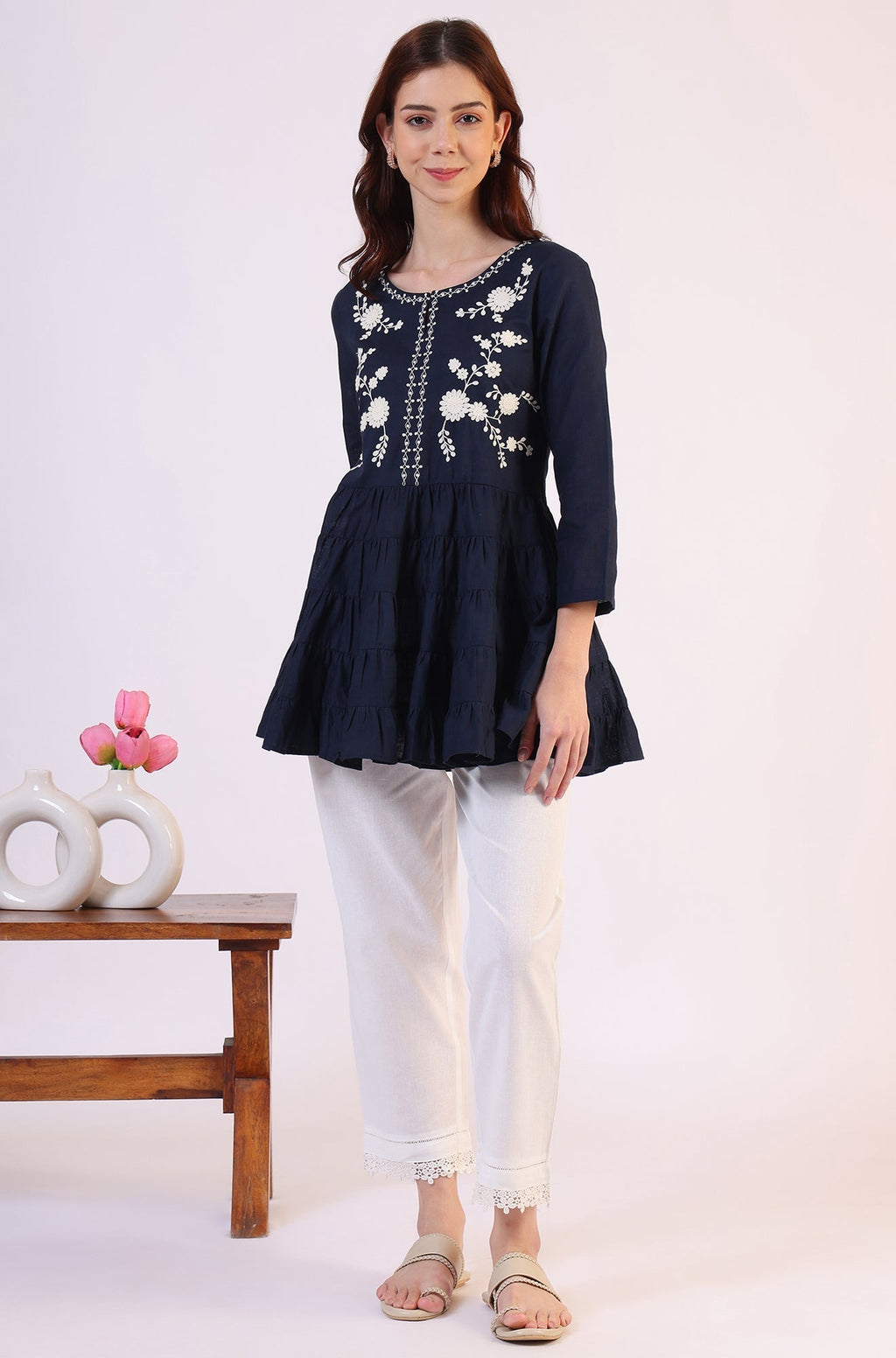 W for Woman Embroidered Flared Pure Cotton Top | Grocsy