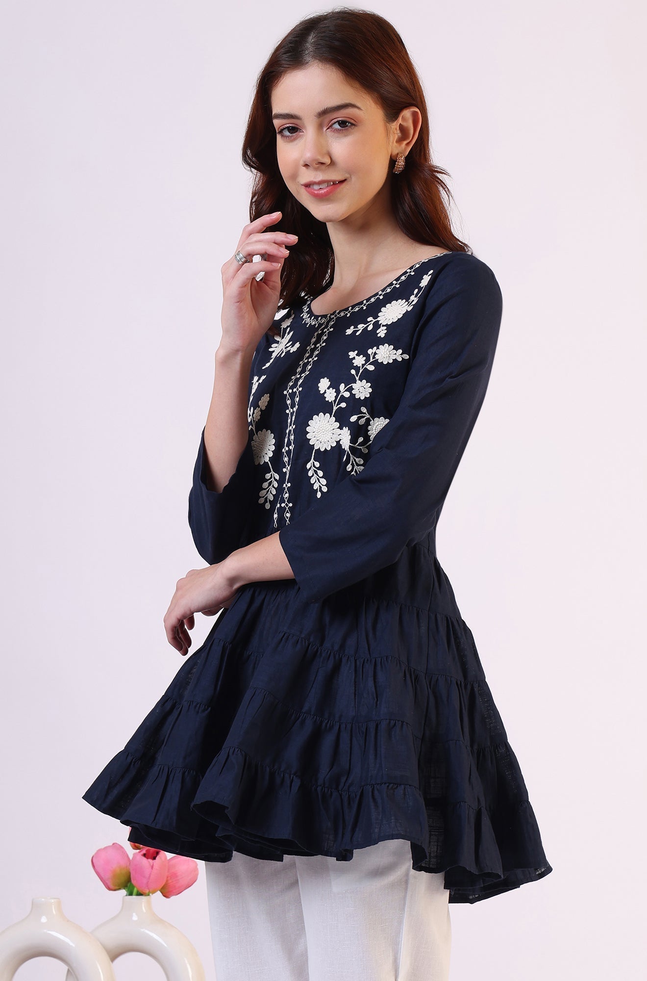 W for Woman Embroidered Flared Pure Cotton Top | Grocsy