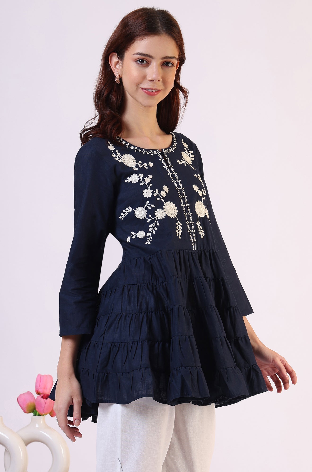 W for Woman Embroidered Flared Pure Cotton Top | Grocsy