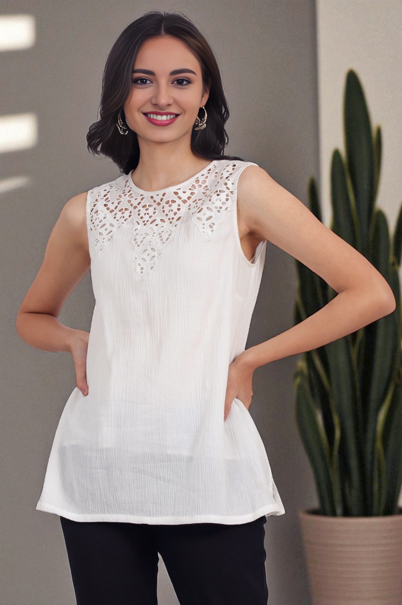 W for Woman White Cotton Crinkle Top with Schiffli Detail on Neck | Grocsy