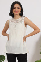 W for Woman White Cotton Crinkle Top with Schiffli Detail on Neck | Grocsy