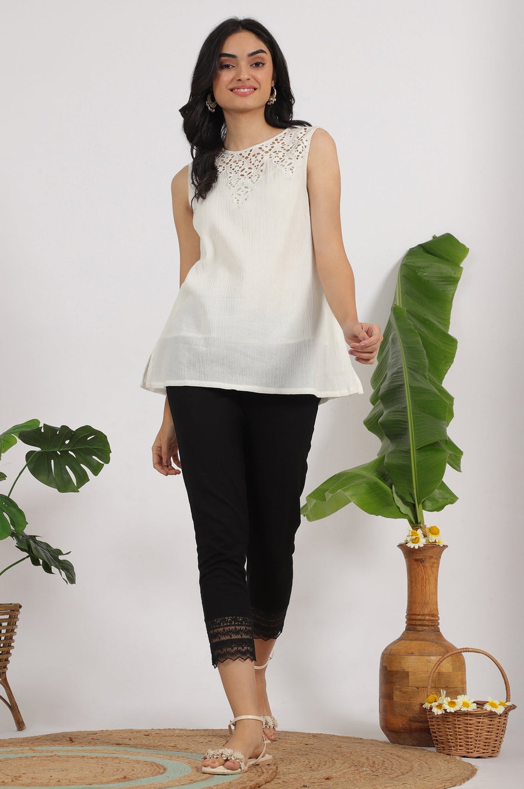 W for Woman White Cotton Crinkle Top with Schiffli Detail on Neck | Grocsy