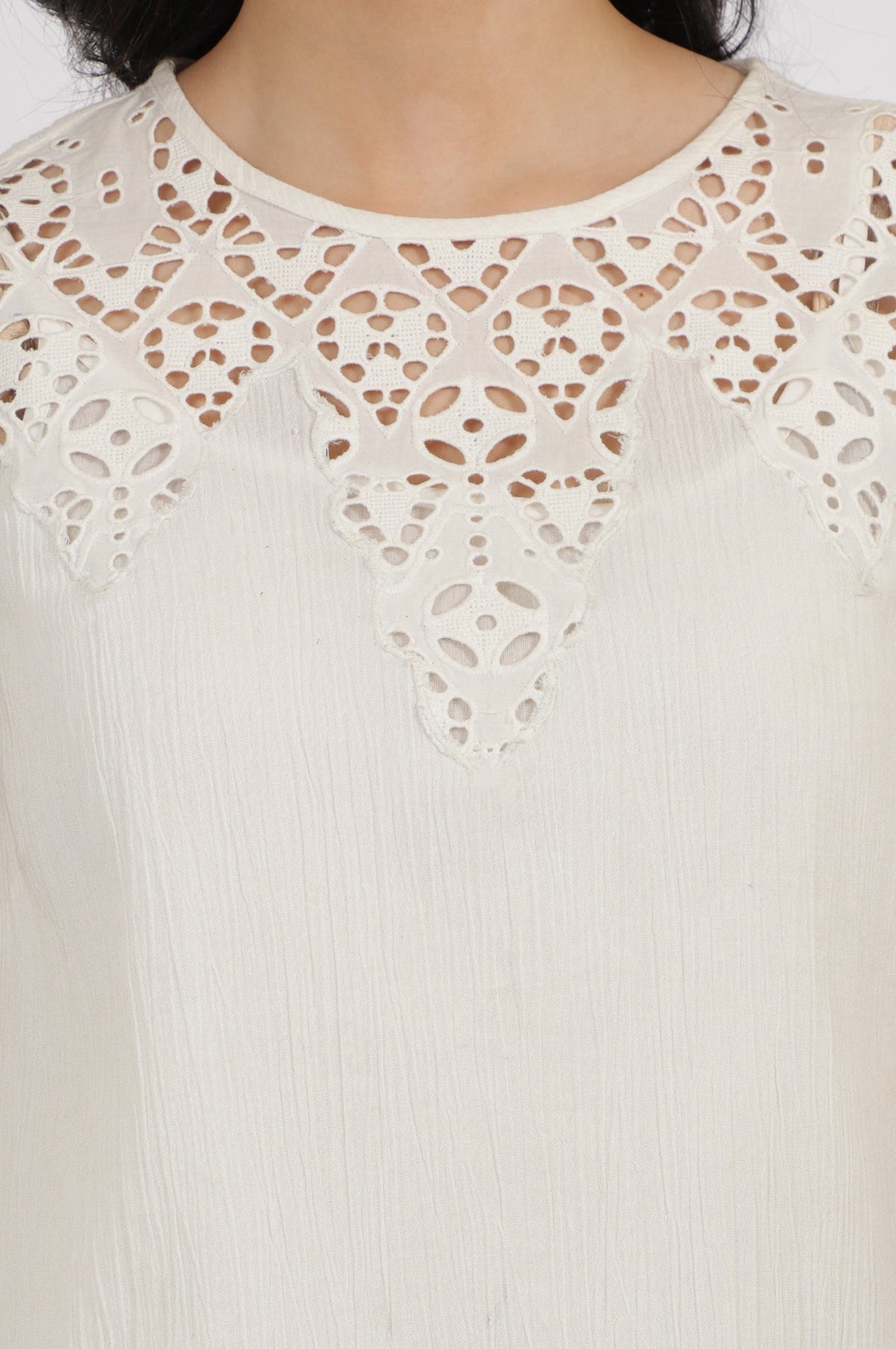 W for Woman White Cotton Crinkle Top with Schiffli Detail on Neck | Grocsy