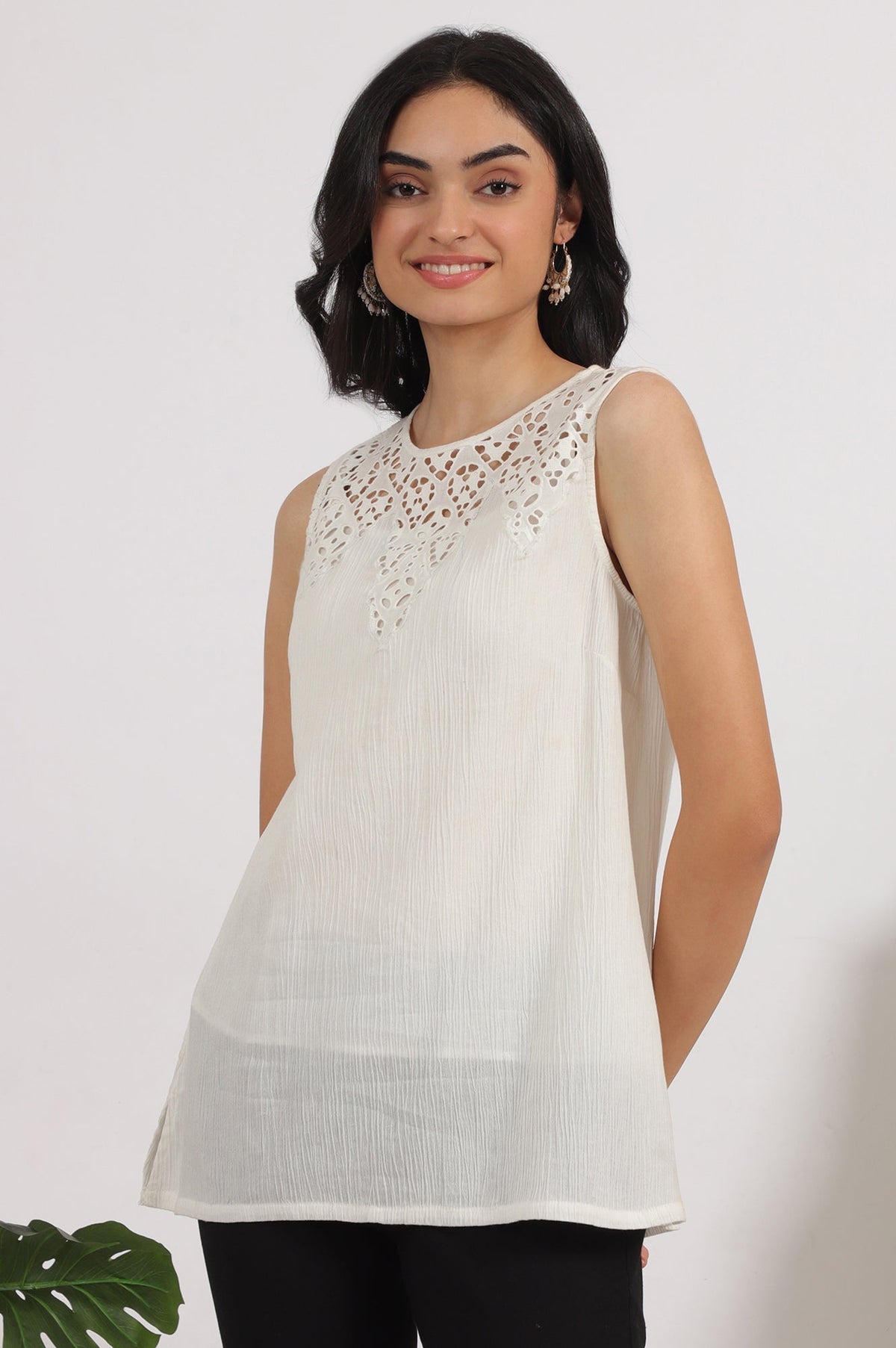 W for Woman White Cotton Crinkle Top with Schiffli Detail on Neck | Grocsy