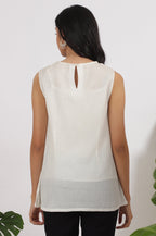 W for Woman White Cotton Crinkle Top with Schiffli Detail on Neck | Grocsy