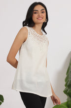 W for Woman White Cotton Crinkle Top with Schiffli Detail on Neck | Grocsy