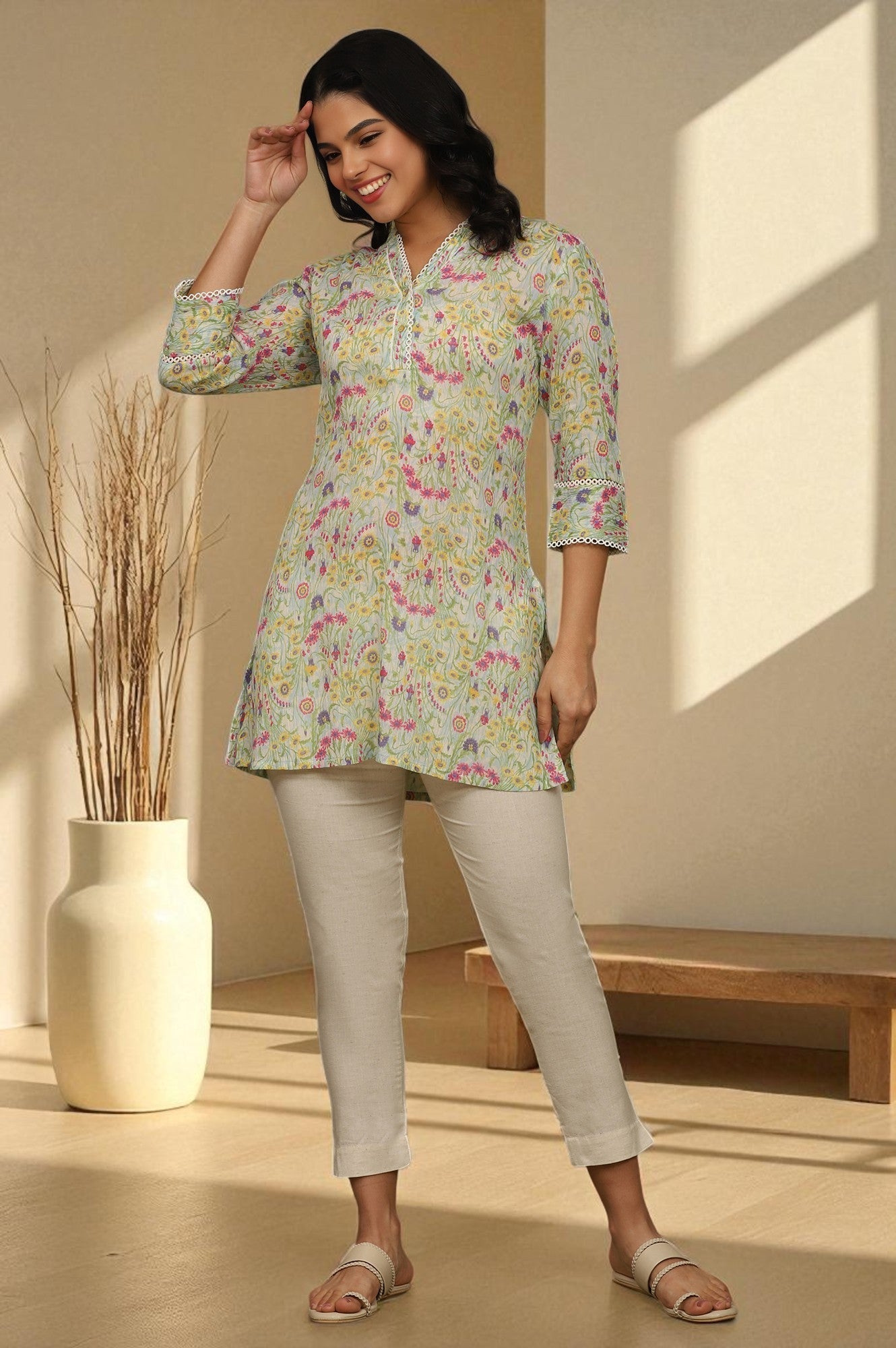 W for Woman Blue Floral Printed Cotton Crepe Tunic with Lace | Grocsy