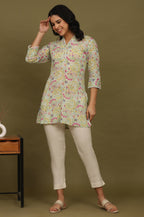 W for Woman Blue Floral Printed Cotton Crepe Tunic with Lace | Grocsy