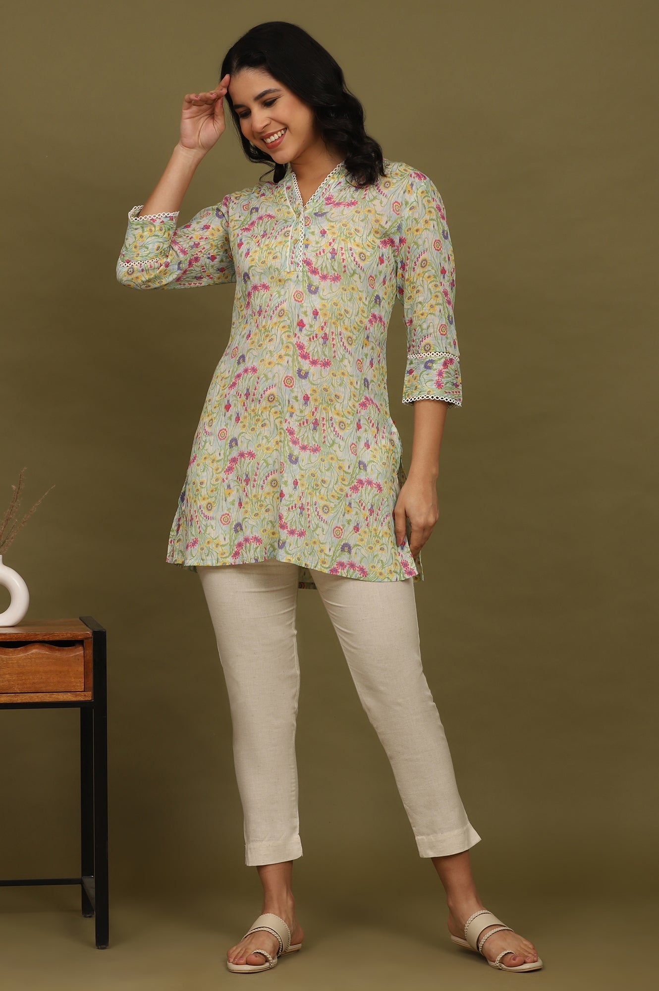 W for Woman Blue Floral Printed Cotton Crepe Tunic with Lace | Grocsy