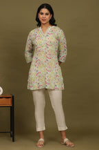 W for Woman Blue Floral Printed Cotton Crepe Tunic with Lace | Grocsy