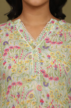 W for Woman Blue Floral Printed Cotton Crepe Tunic with Lace | Grocsy