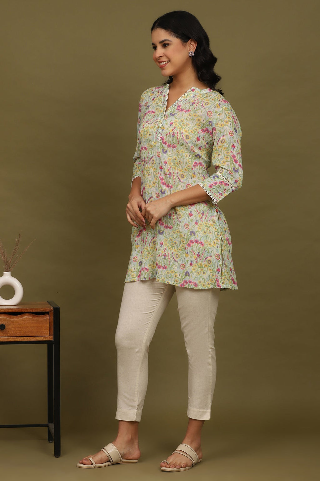 W for Woman Blue Floral Printed Cotton Crepe Tunic with Lace | Grocsy