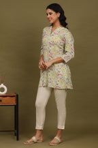 W for Woman Blue Floral Printed Cotton Crepe Tunic with Lace | Grocsy