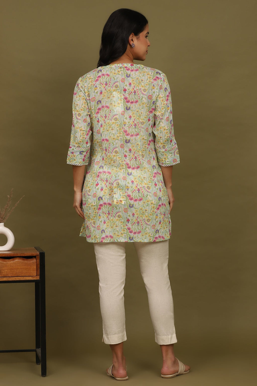 W for Woman Blue Floral Printed Cotton Crepe Tunic with Lace | Grocsy