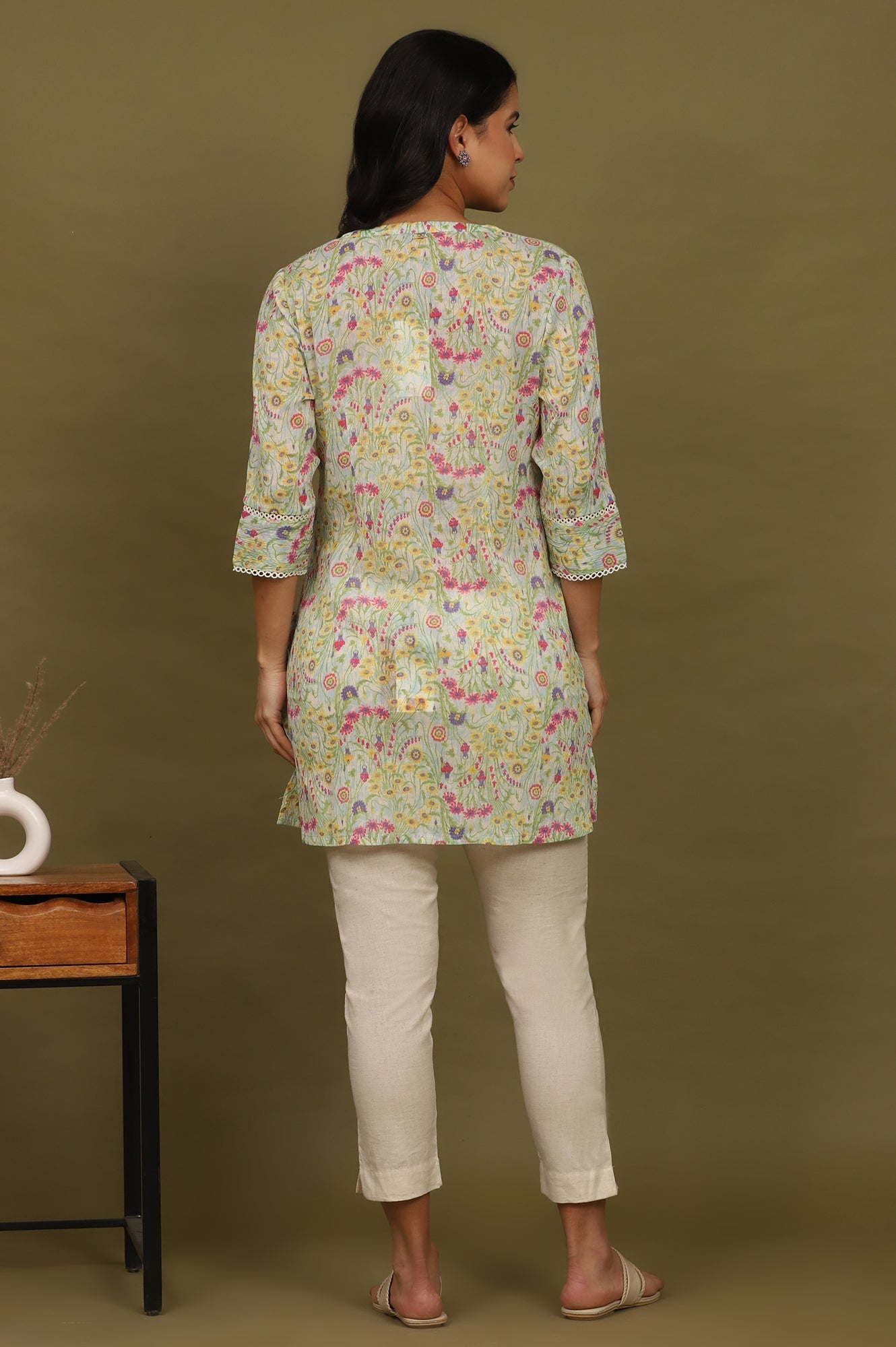 W for Woman Blue Floral Printed Cotton Crepe Tunic with Lace | Grocsy