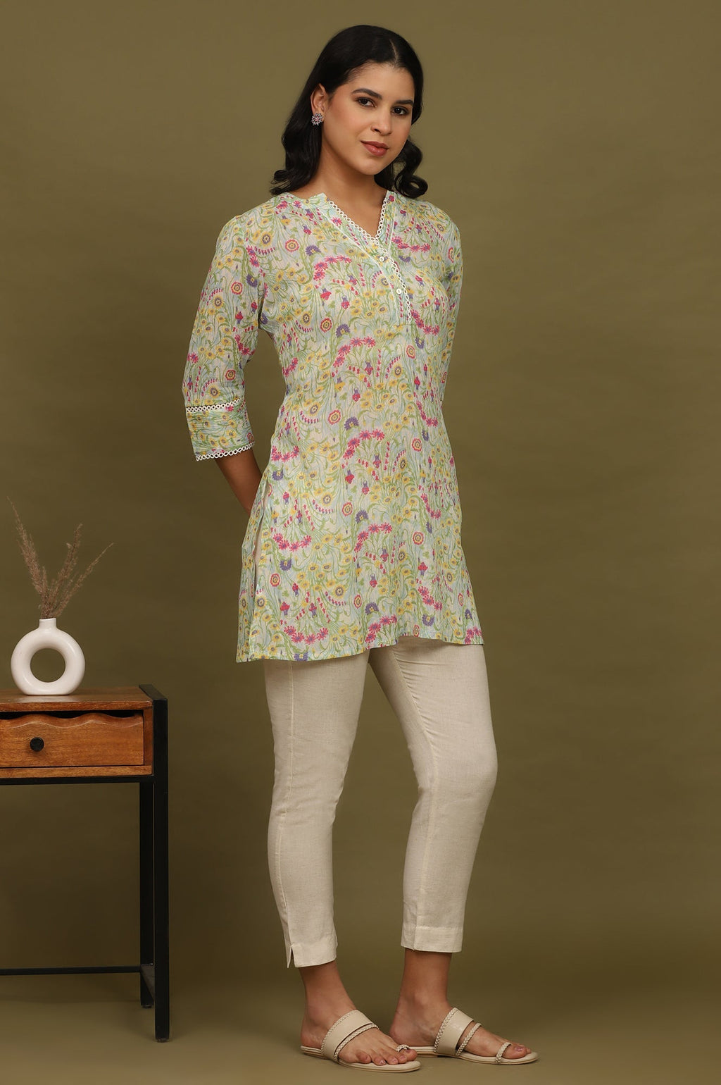W for Woman Blue Floral Printed Cotton Crepe Tunic with Lace | Grocsy