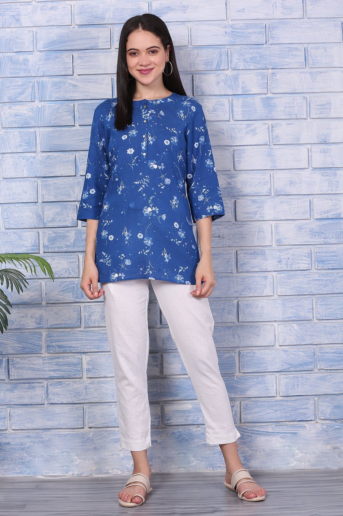 W for Woman Blue Floral Printed Beaded Rayon Flax Top | Grocsy