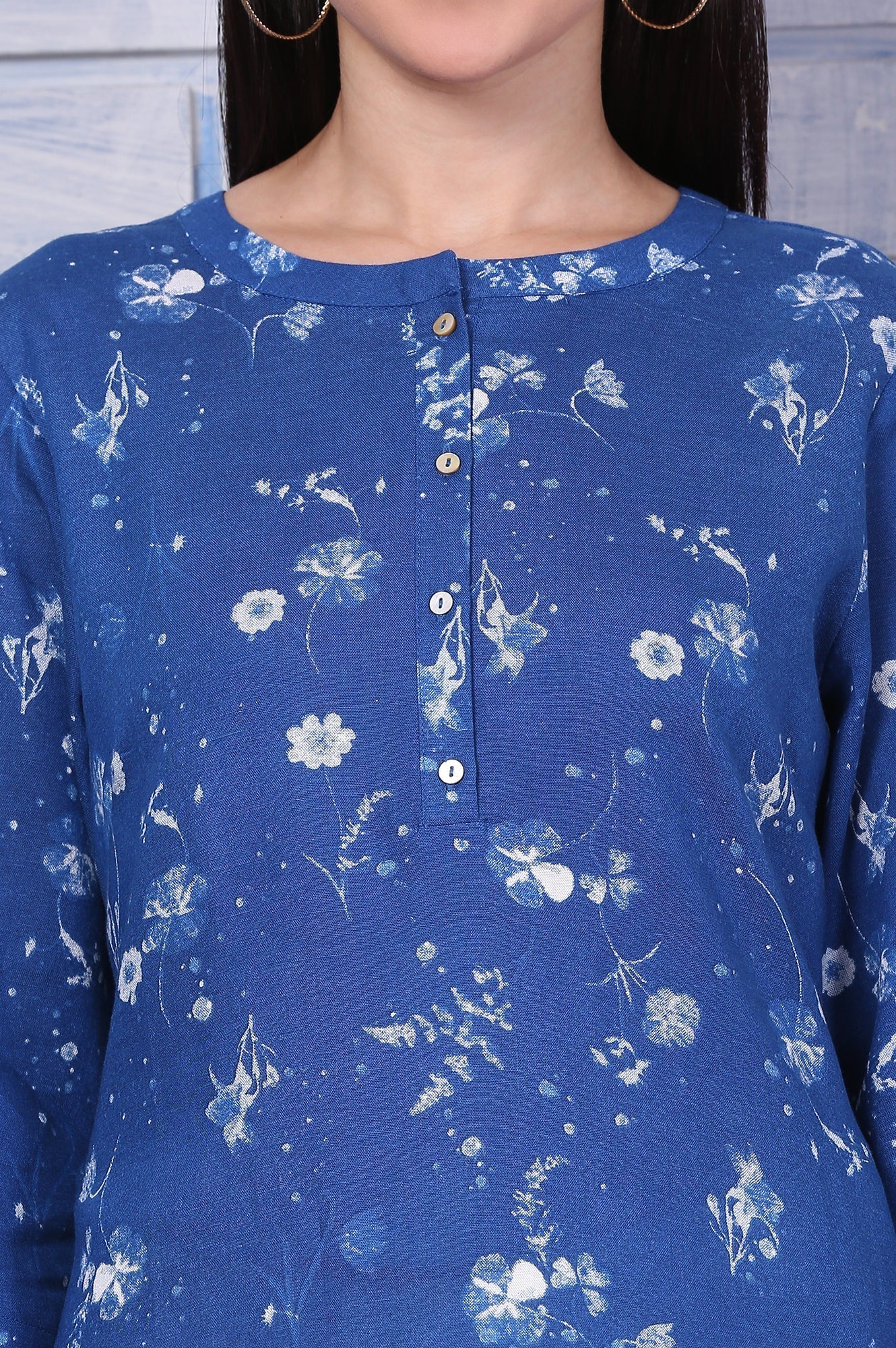 W for Woman Blue Floral Printed Beaded Rayon Flax Top | Grocsy