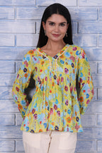 W for Woman Yellow Floral Printed Thread Embroidered Pure Cotton Tops | Grocsy