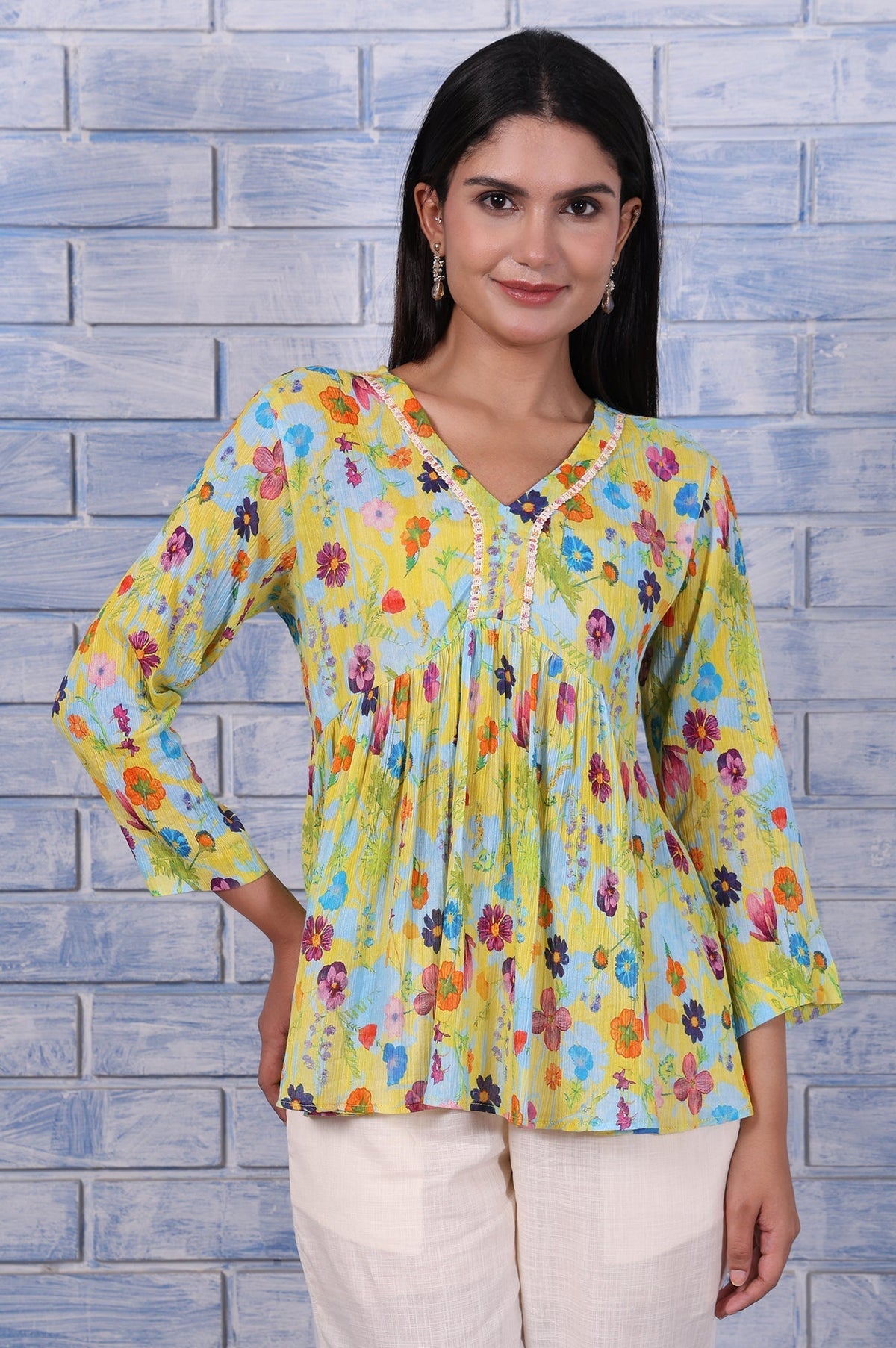 W for Woman Yellow Floral Printed Thread Embroidered Pure Cotton Tops | Grocsy