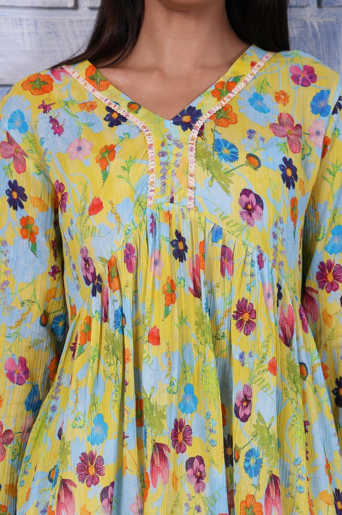W for Woman Yellow Floral Printed Thread Embroidered Pure Cotton Tops | Grocsy