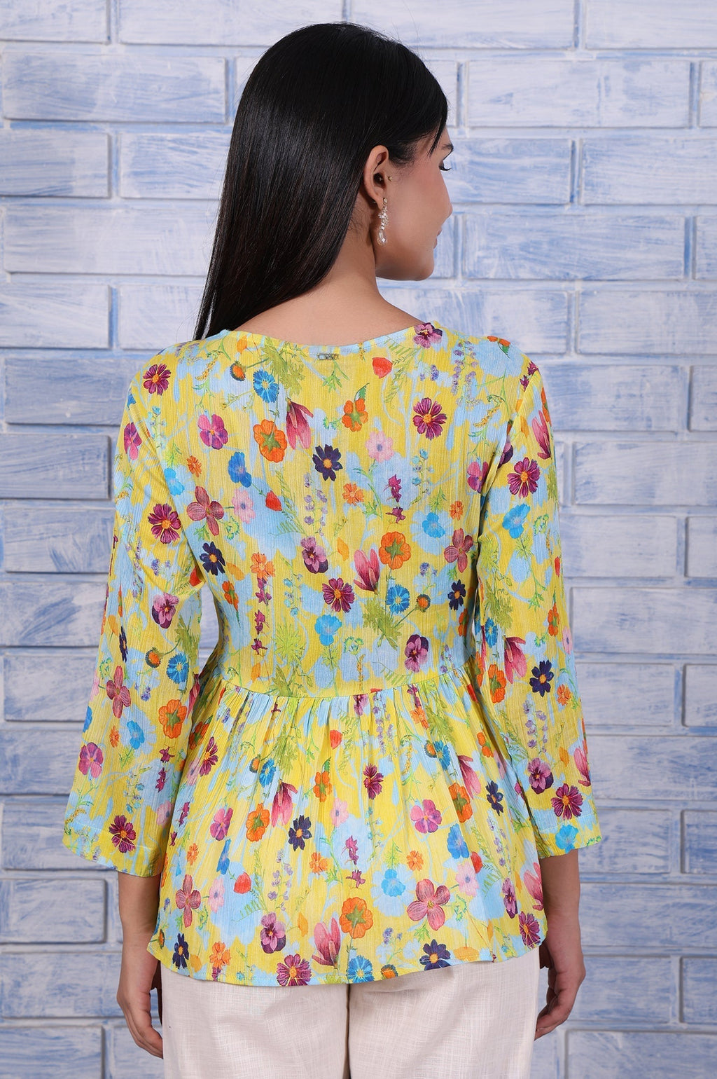 W for Woman Yellow Floral Printed Thread Embroidered Pure Cotton Tops | Grocsy
