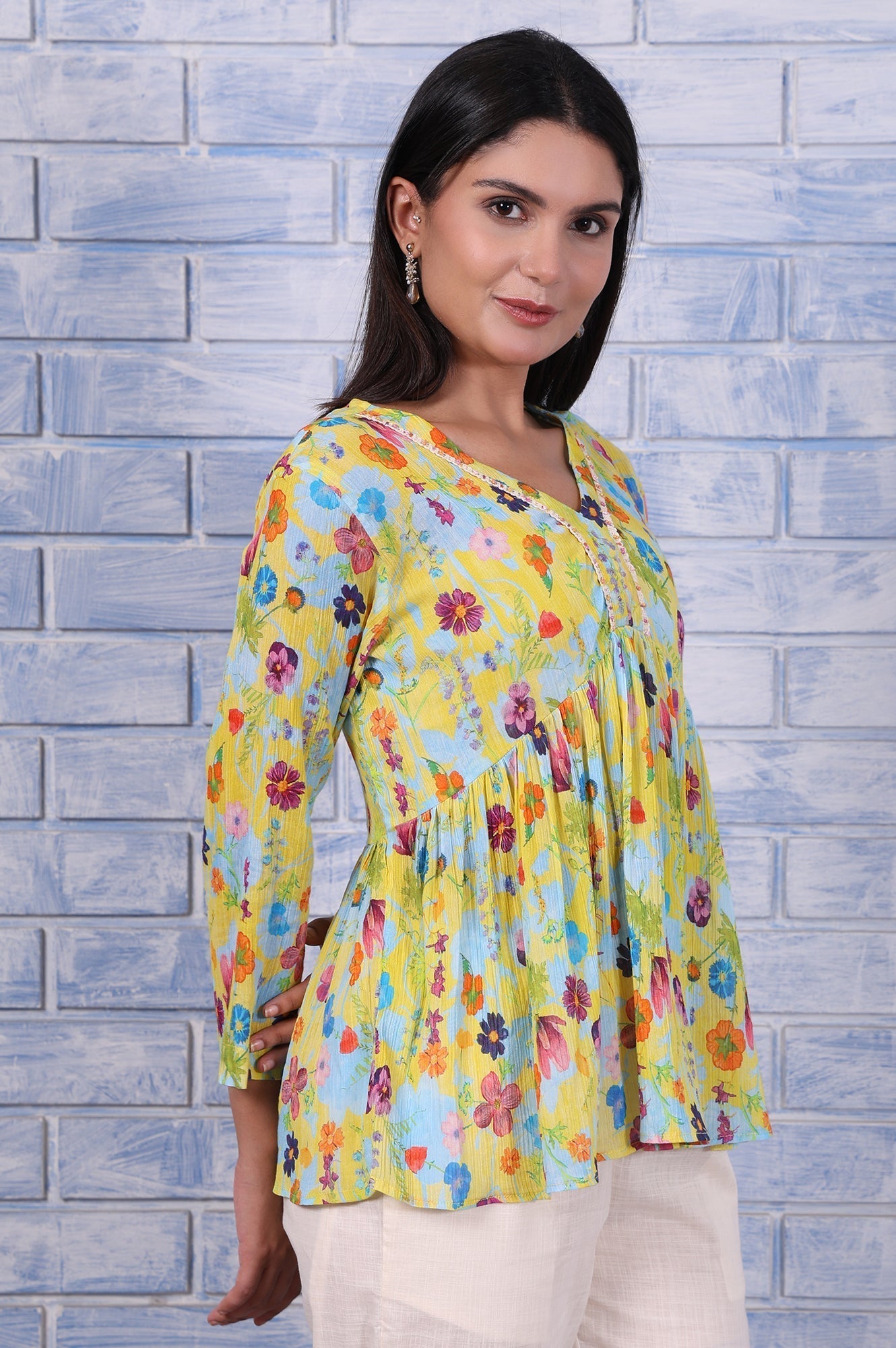 W for Woman Yellow Floral Printed Thread Embroidered Pure Cotton Tops | Grocsy