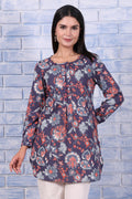 W for Woman Blue Floral Printed Thread Embroidered Rayon Flax Tops | Grocsy