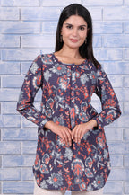 W for Woman Blue Floral Printed Thread Embroidered Rayon Flax Tops | Grocsy