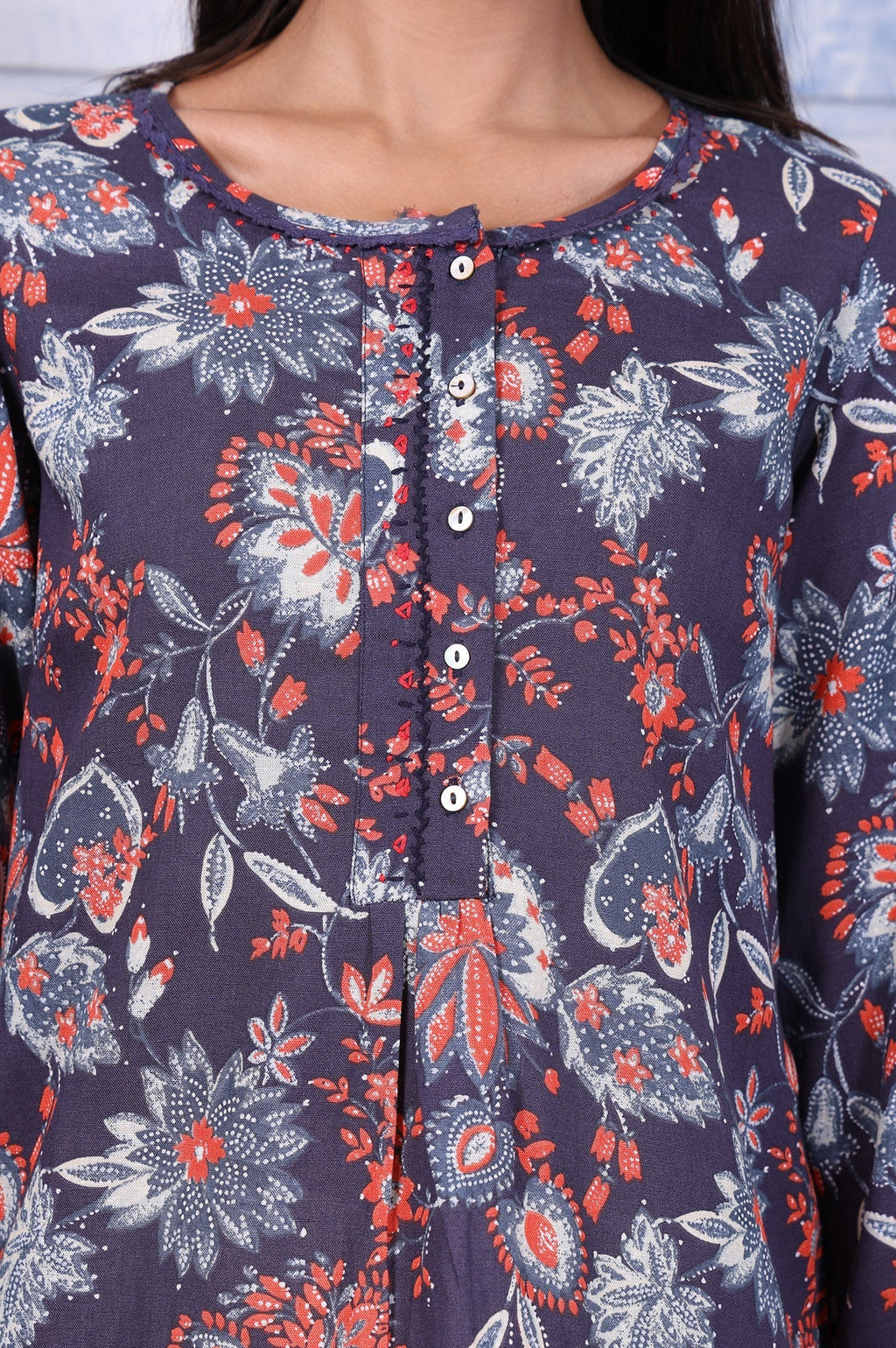 W for Woman Blue Floral Printed Thread Embroidered Rayon Flax Tops | Grocsy
