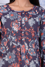 W for Woman Blue Floral Printed Thread Embroidered Rayon Flax Tops | Grocsy