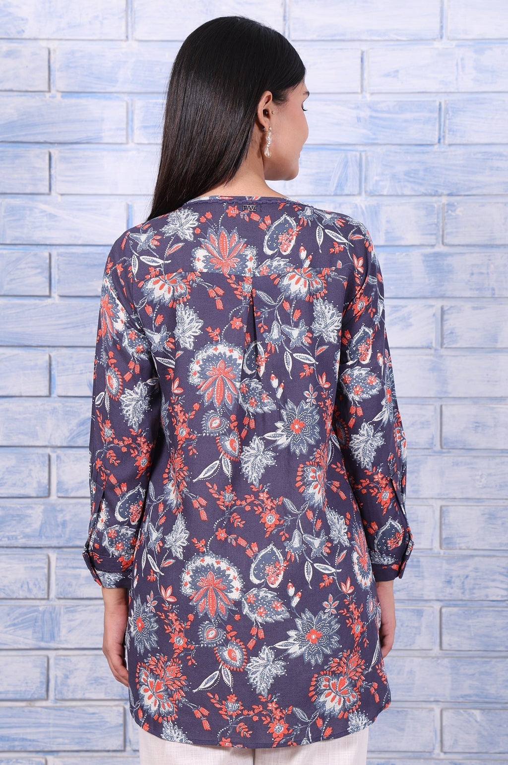 W for Woman Blue Floral Printed Thread Embroidered Rayon Flax Tops | Grocsy