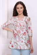 W for Woman White Floral Printed Pure Cotton Top with Lace | Grocsy