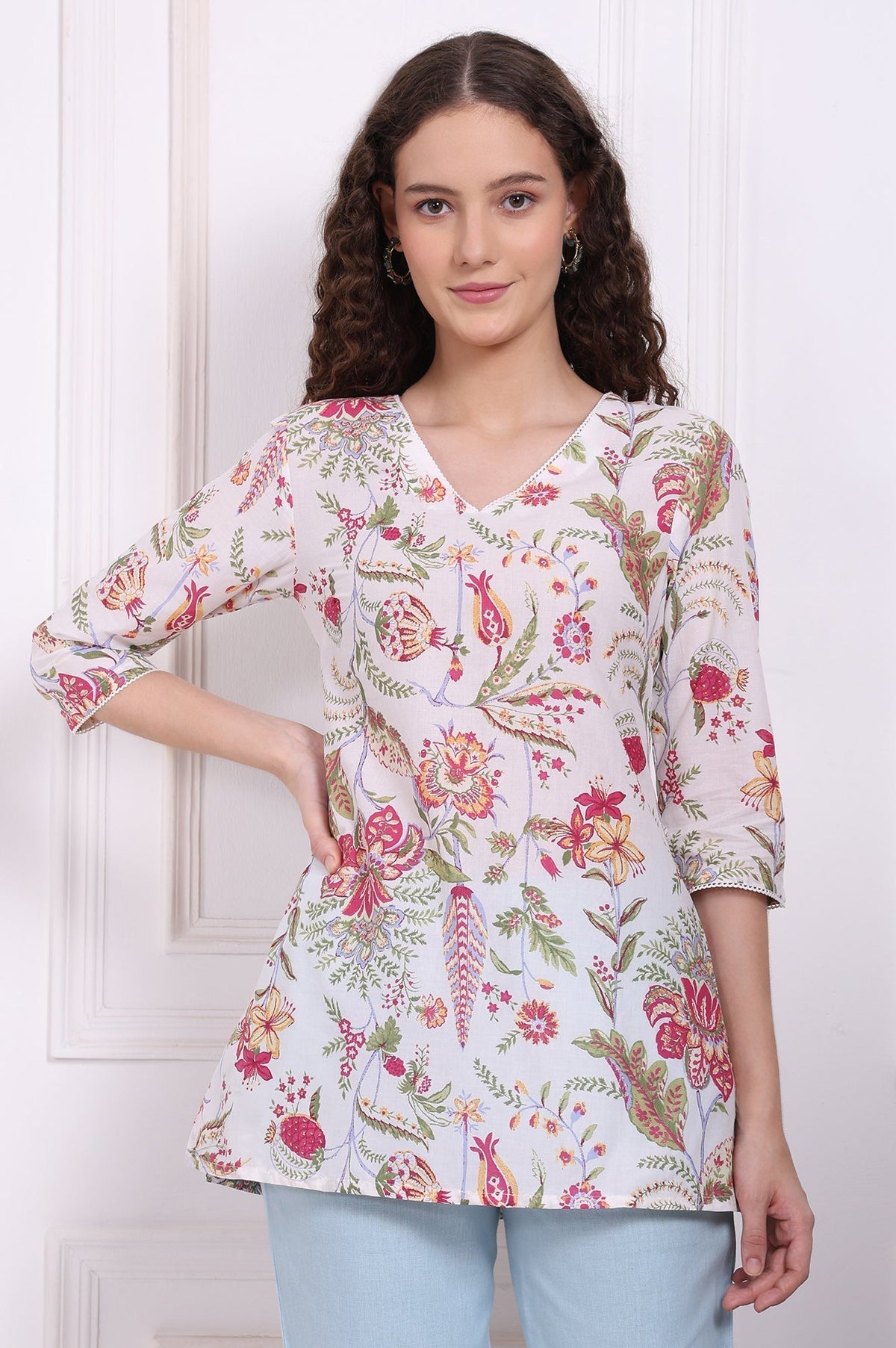 W for Woman White Floral Printed Pure Cotton Top with Lace | Grocsy