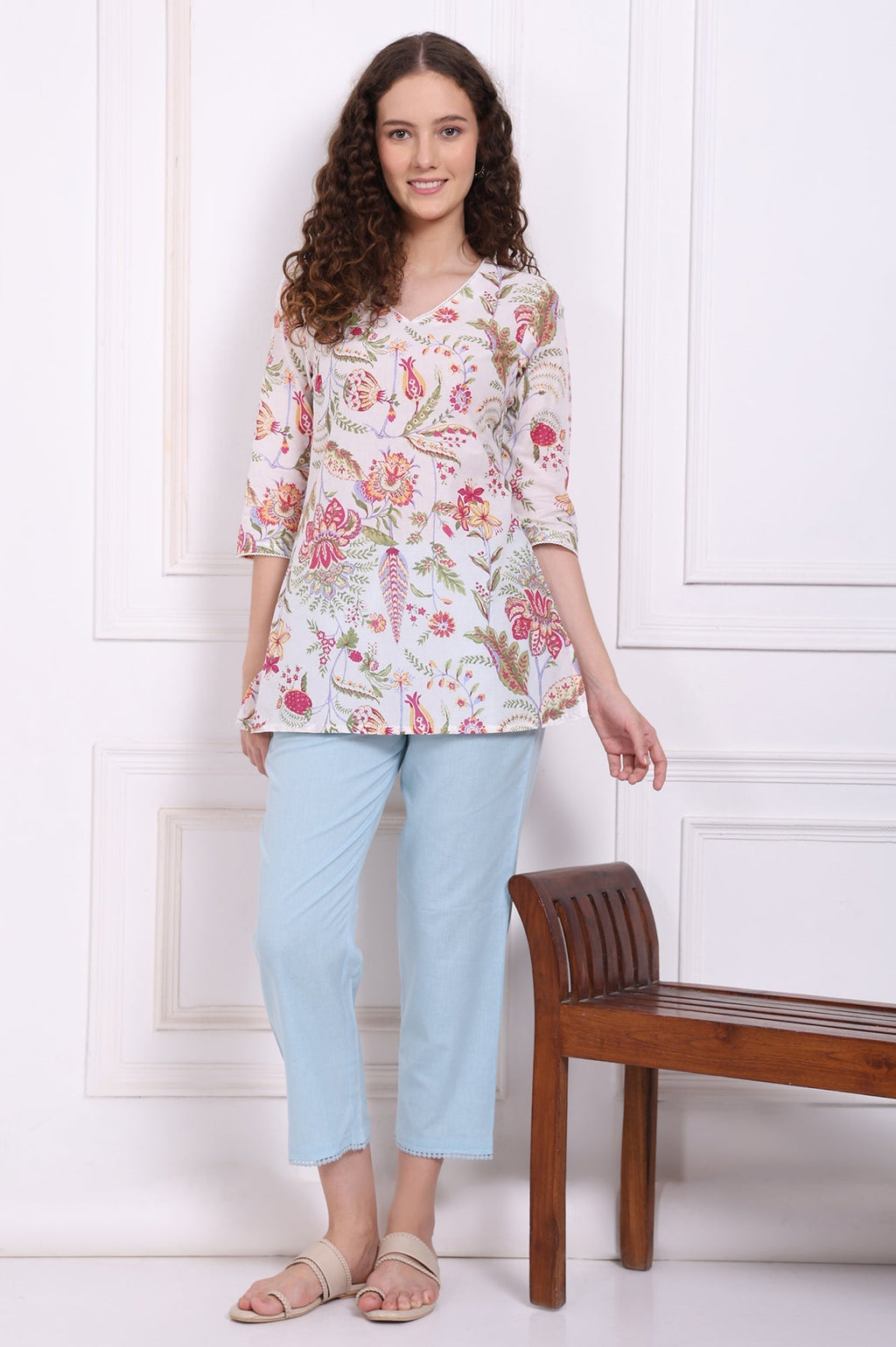 W for Woman White Floral Printed Pure Cotton Top with Lace | Grocsy