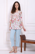 W for Woman White Floral Printed Pure Cotton Top with Lace | Grocsy