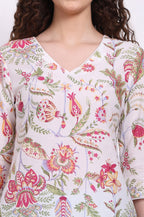 W for Woman White Floral Printed Pure Cotton Top with Lace | Grocsy